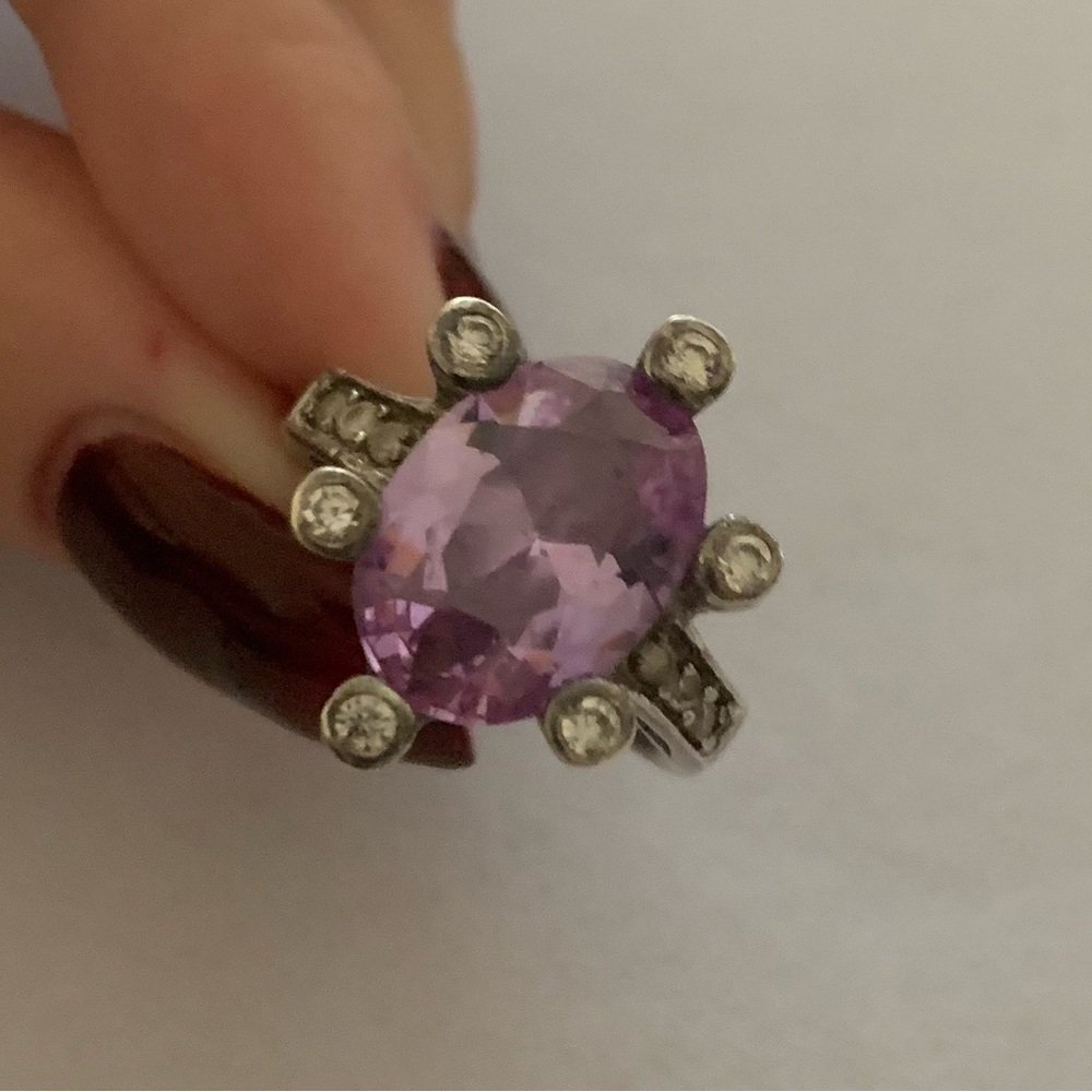 925 Sterling Silver Chunky Purple Faux Gem Funky Statement Cocktail Ring Sz 6.5